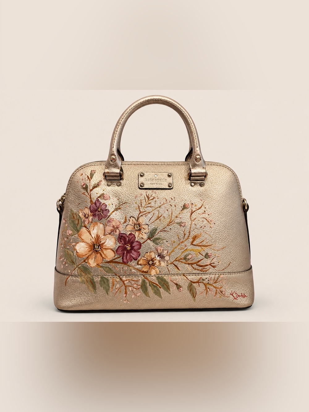 Kate Spade Hand Painted Floral Satchel Crossbody Champagne Gold KristafyIT